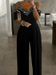  Colorblock Star Print Cold Shoulder Jumpsuit