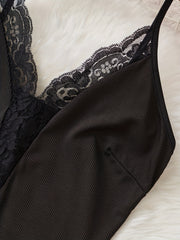 Ribbed Lace Contrast Bodysuit Sexy V Neck Sleeveless Bodysuit