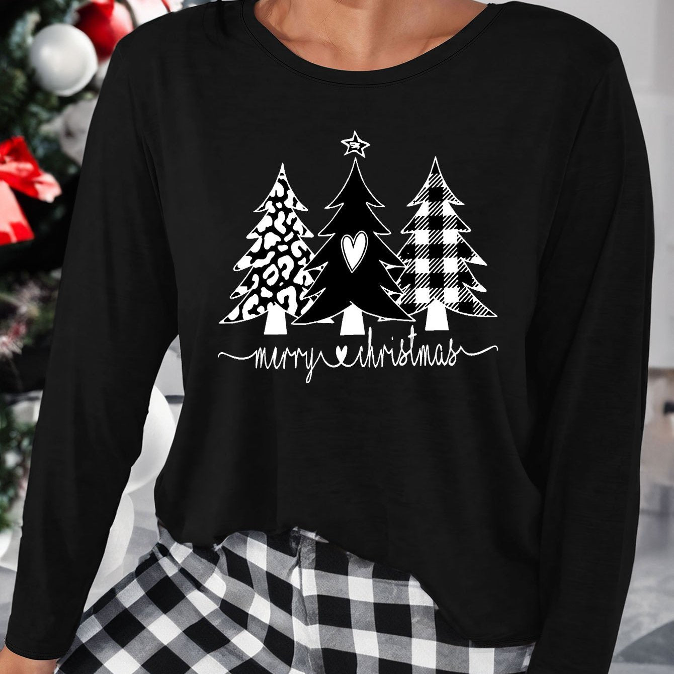  Christmas Lounge Top Women's Christmas Tree Print Long Sleeve 