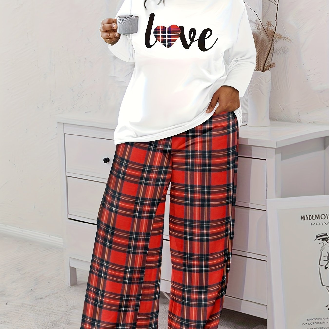  Plaid Heart Print Tee & Wide Leg Pants Pajama Set