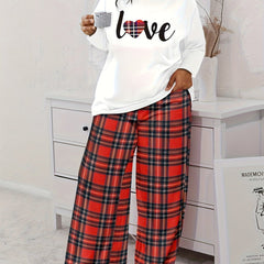 Plaid Heart Print Tee & Wide Leg Pants Pajama Set