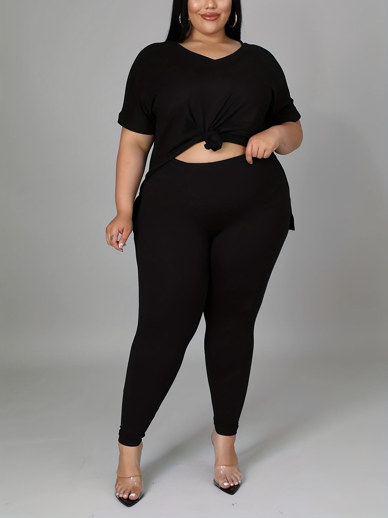  Solid V Neck Top & Skinny Pants 2 Piece Set