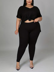  Solid V Neck Top & Skinny Pants 2 Piece Set