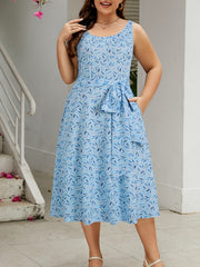 Plus Size Ditsy Print Belted Dress With Belt