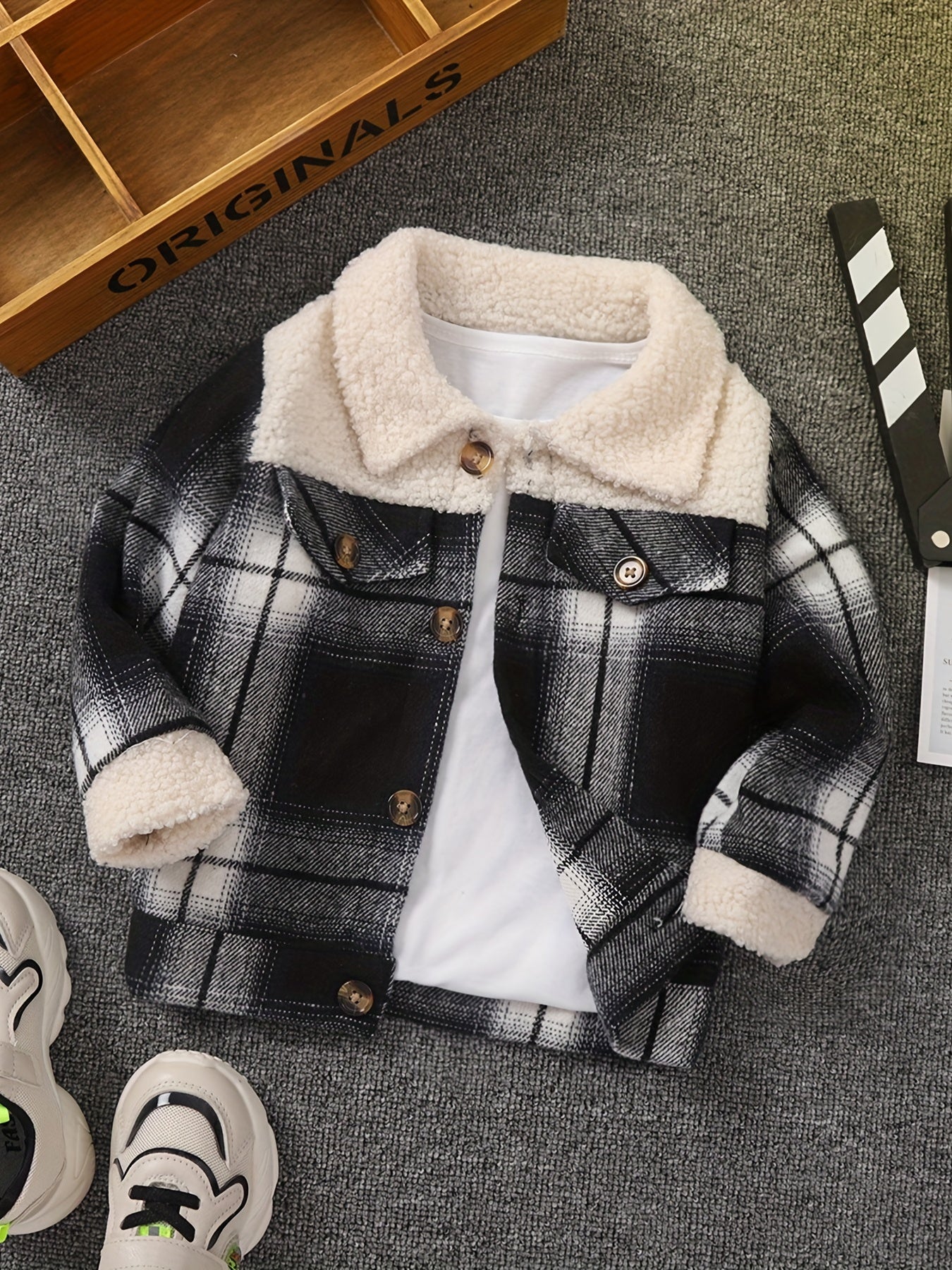 Boys Plaid Long Sleeve Fleece Jacket Zip Up Stand Collar Spring Fall