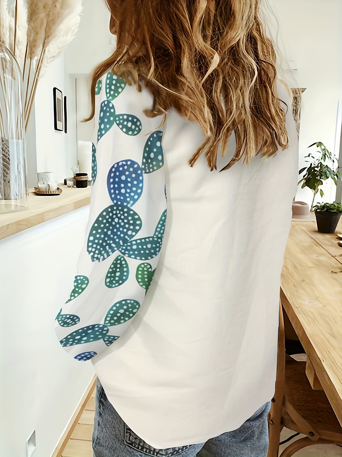  Women's Cartoon Print Colorblock Long Sleeve Blouse