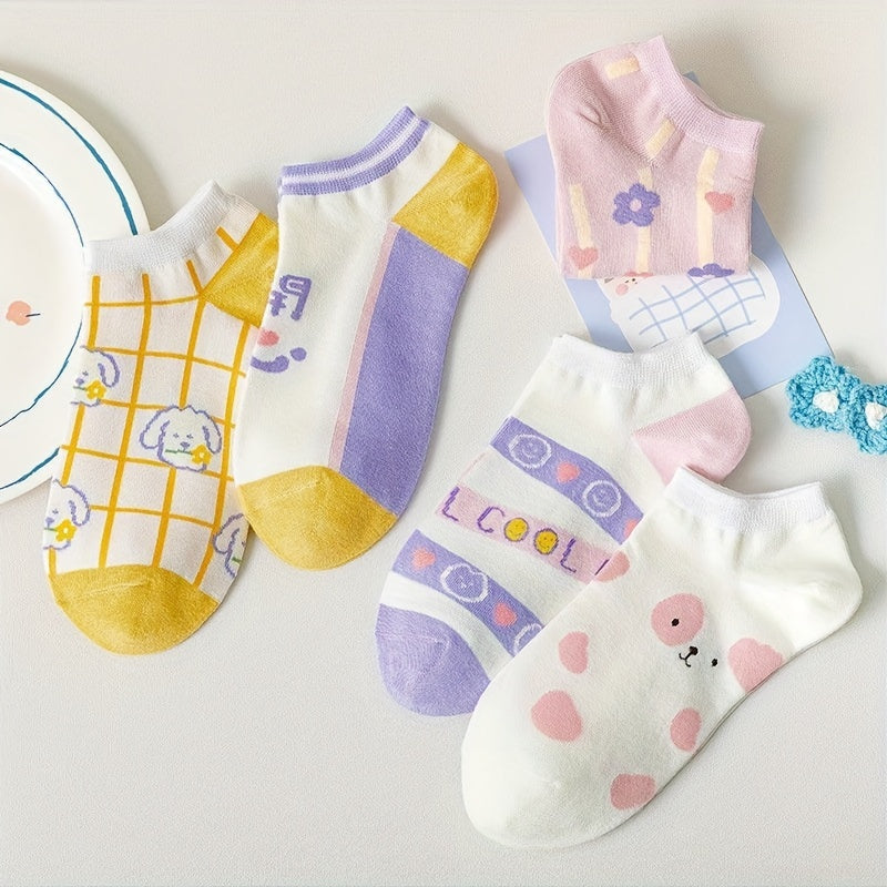 5 Pairs Floral & Heart Print Socks Lightweight Low Cut Ankle Socks Women's