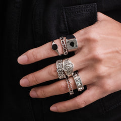 7-Piece Retro Hollow Love Element Charm Set Rings for Men