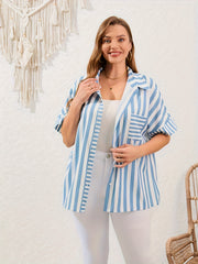  Nautical Stripe Print Button Up Bat Sleeve Shirt