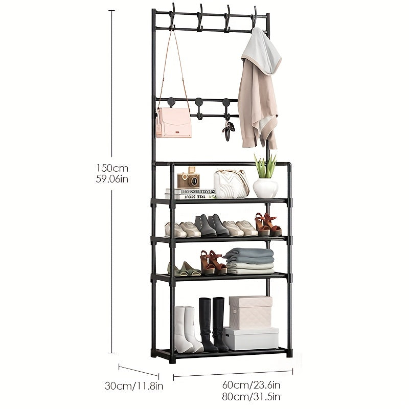 Entryway Coat Rack Shoe Rack with Storage Shelves & 8 Double Hooks