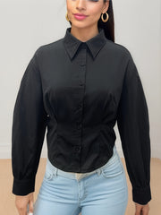  Solid Button Up Long Sleeve Blouse