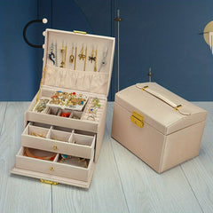 Large Capacity Leather Jewelry Organizer Box 3 Layer Display Case