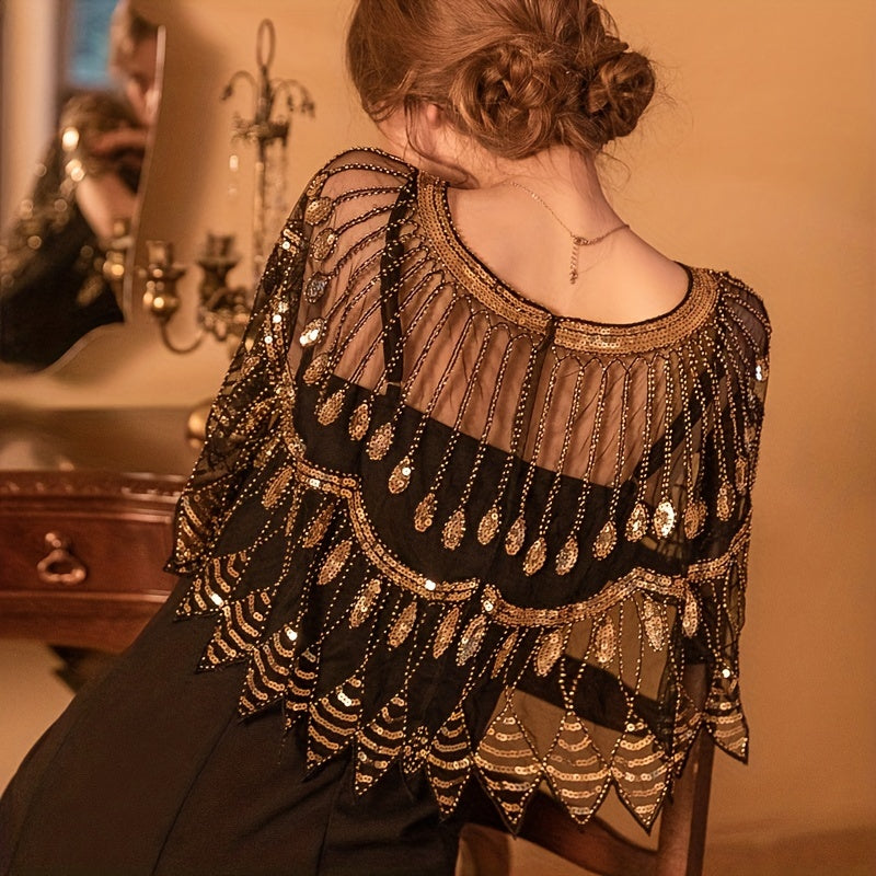 Vintage Ruffle Shawl Sequin Embroidery Mesh Cardigan