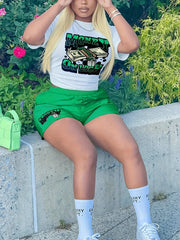 Money Letter Print 2pc Set Crew Neck T Shirt & Shorts Outfits
