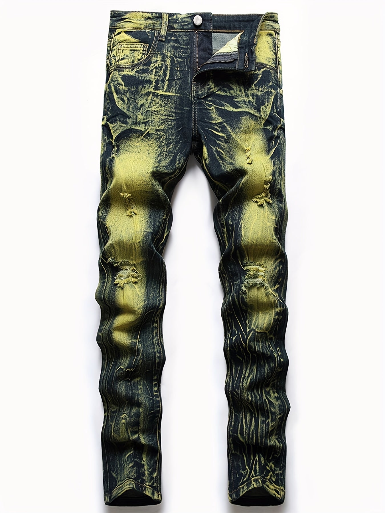 Vintage Tie Dye Slim Fit Ripped Jeans Men's Street Style Denim Pant