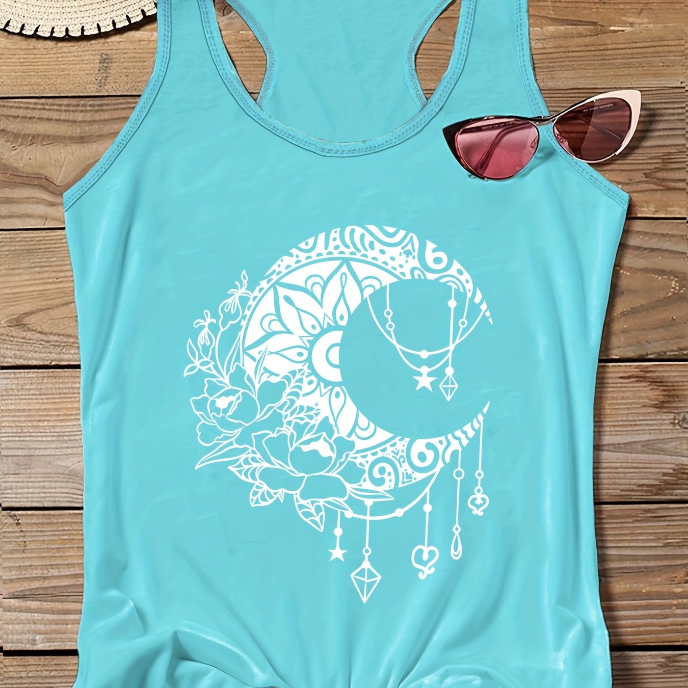  Moon & Floral Print Round Neck Tank Top
