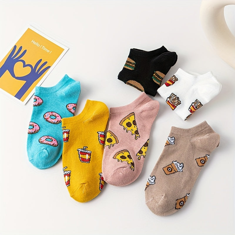 6 Pairs Cartoon Food Print Socks & Funny Low Cut Ankle Socks Women's Stockings