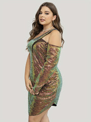  Sequins One Shoulder Cut Out Long Sleeve Midi Dress