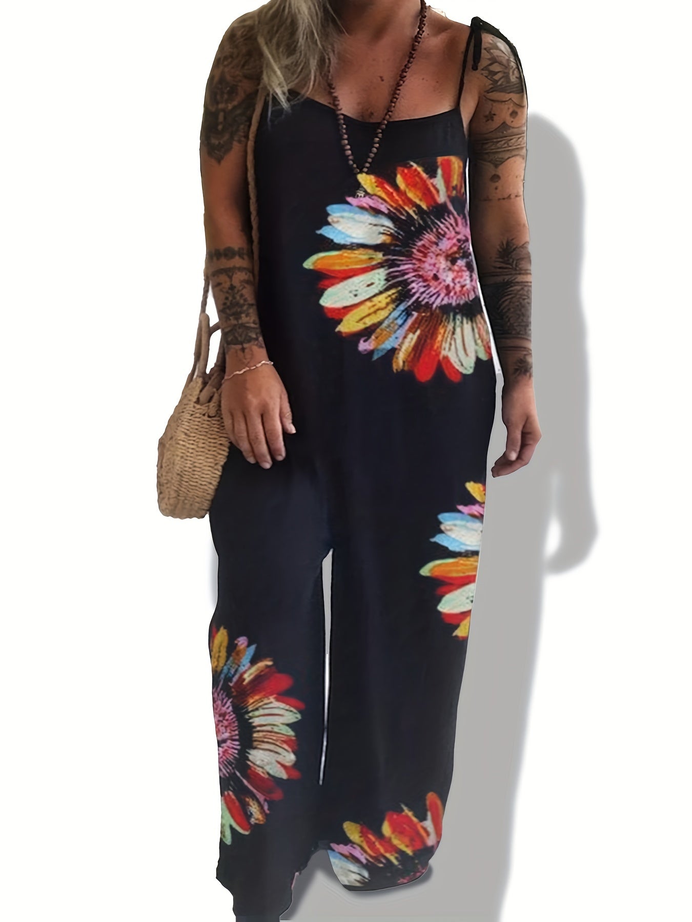  Boho Jumpsuit Tie Dye Floral Print Cami Overall