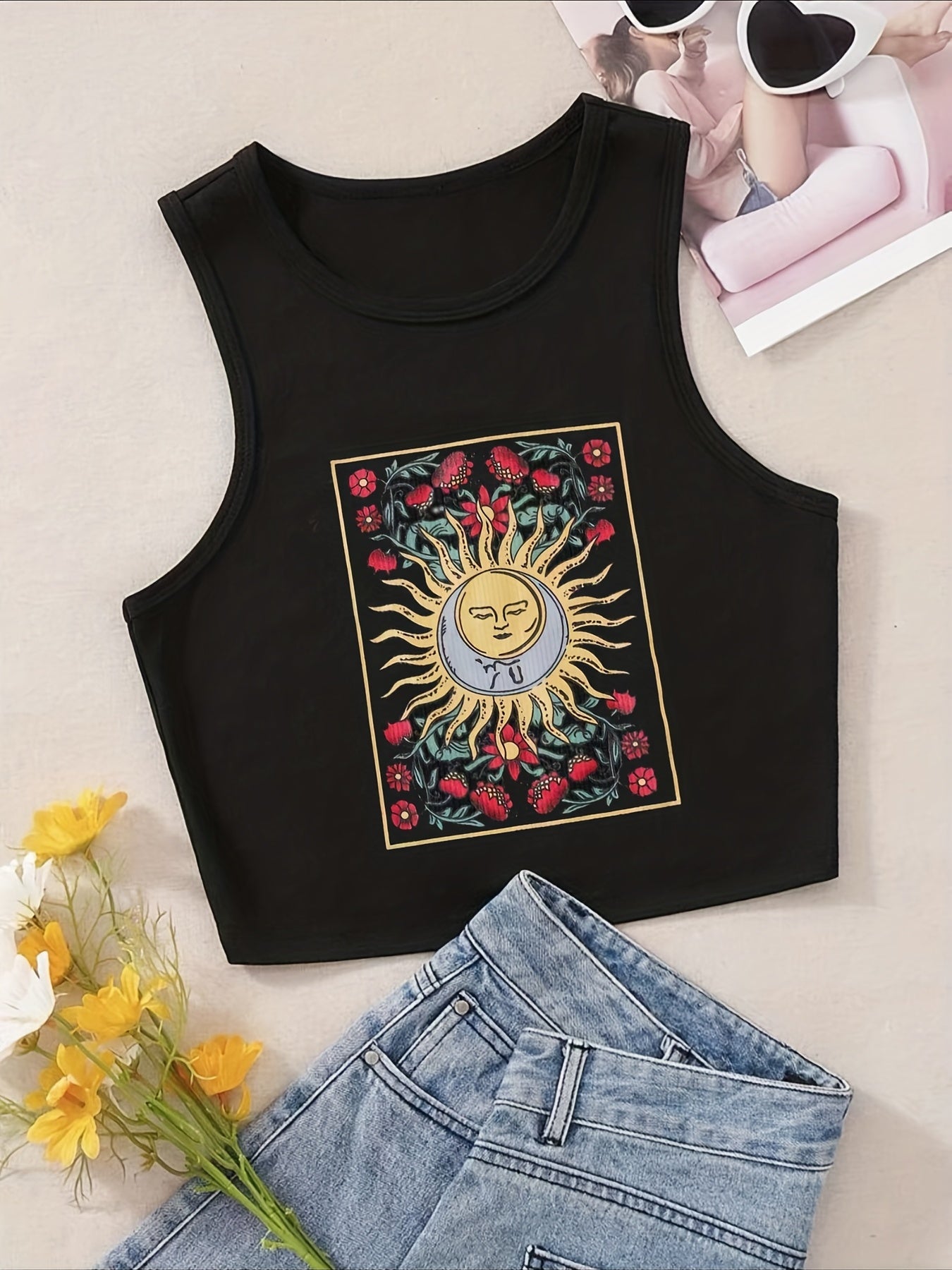 Floral & Sun Print Crop Tank Top Y2K Sleeveless Tank Top