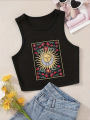Floral & Sun Print Crop Tank Top Y2K Sleeveless Tank Top