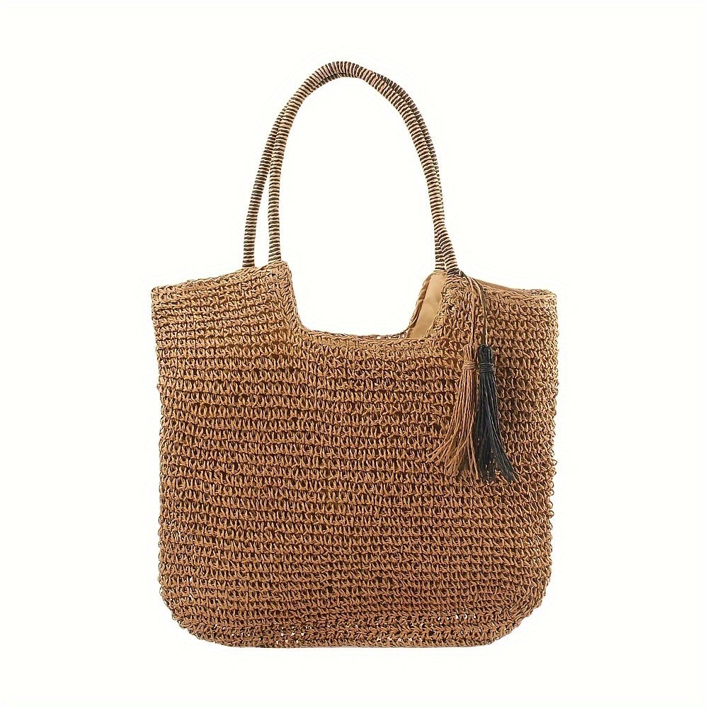 Large Capacity Straw Tote Bag Woven Shoulder Bag With Tassel Decor