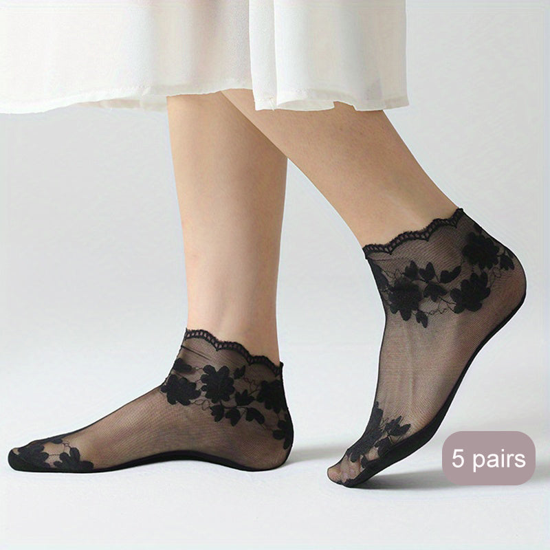 5 Pairs Floral Lace Short Socks Women's Stockings