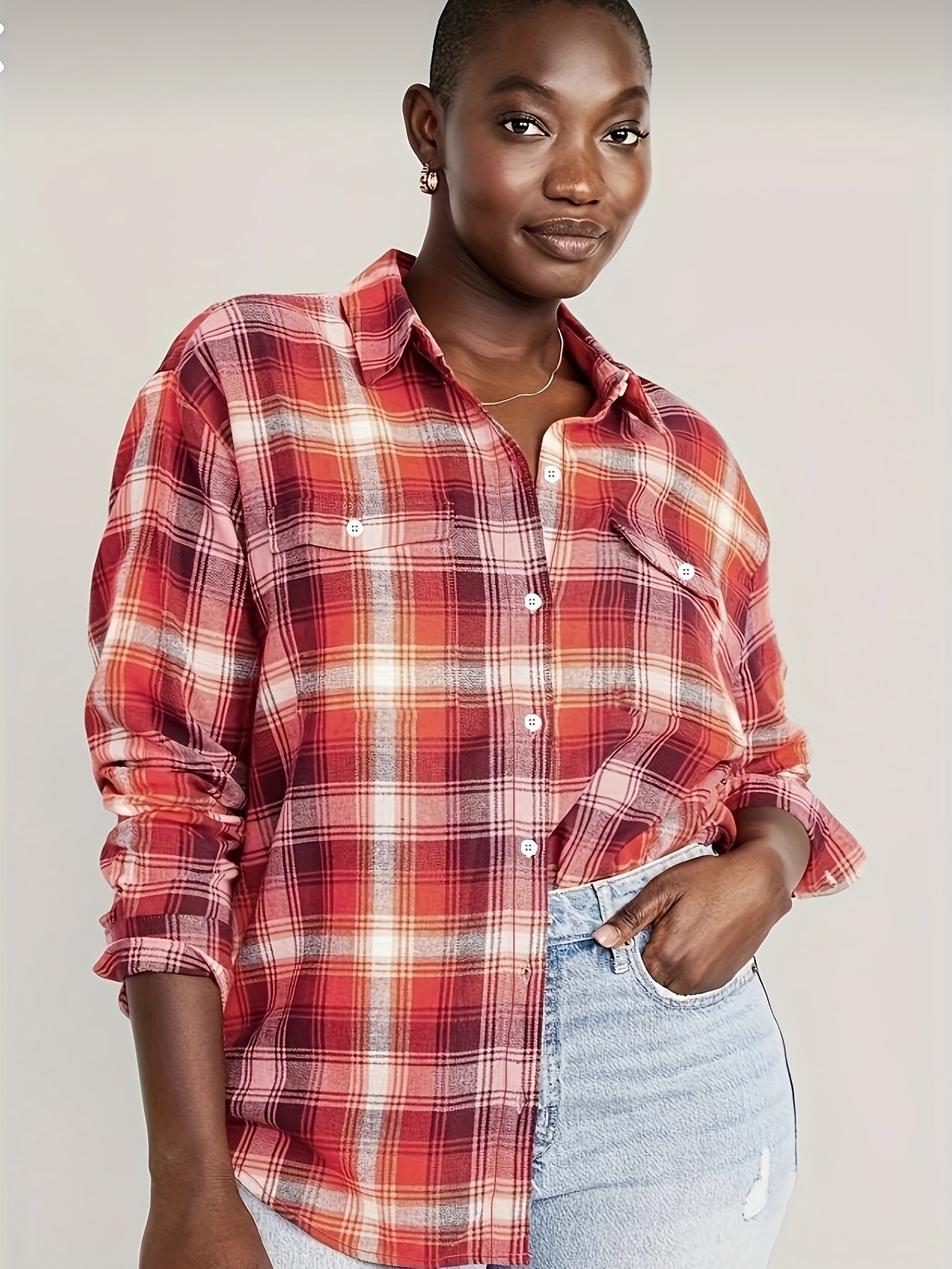  Plaid Print Button Up Long Sleeve Blouse