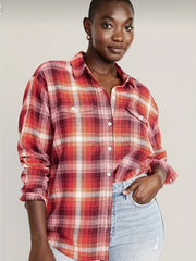  Plaid Print Button Up Long Sleeve Blouse