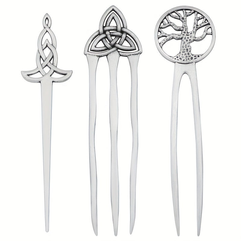 Vintage Viking Style Hairpin Tree Of Life Hairpin Celtic Knot Crescent Moon Silv