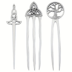 Vintage Viking Style Hairpin Tree Of Life Hairpin Celtic Knot Crescent Moon Silv