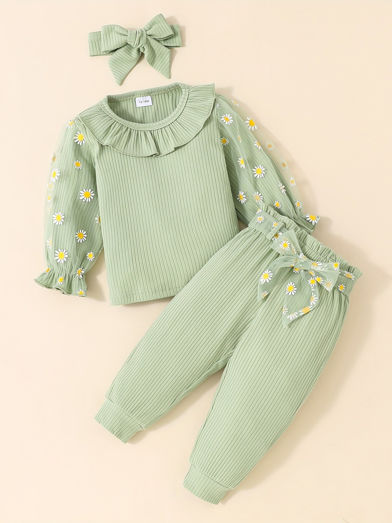 Girls Flower Print Ruffle Neck Pullover Top & Pants 2pcs Set
