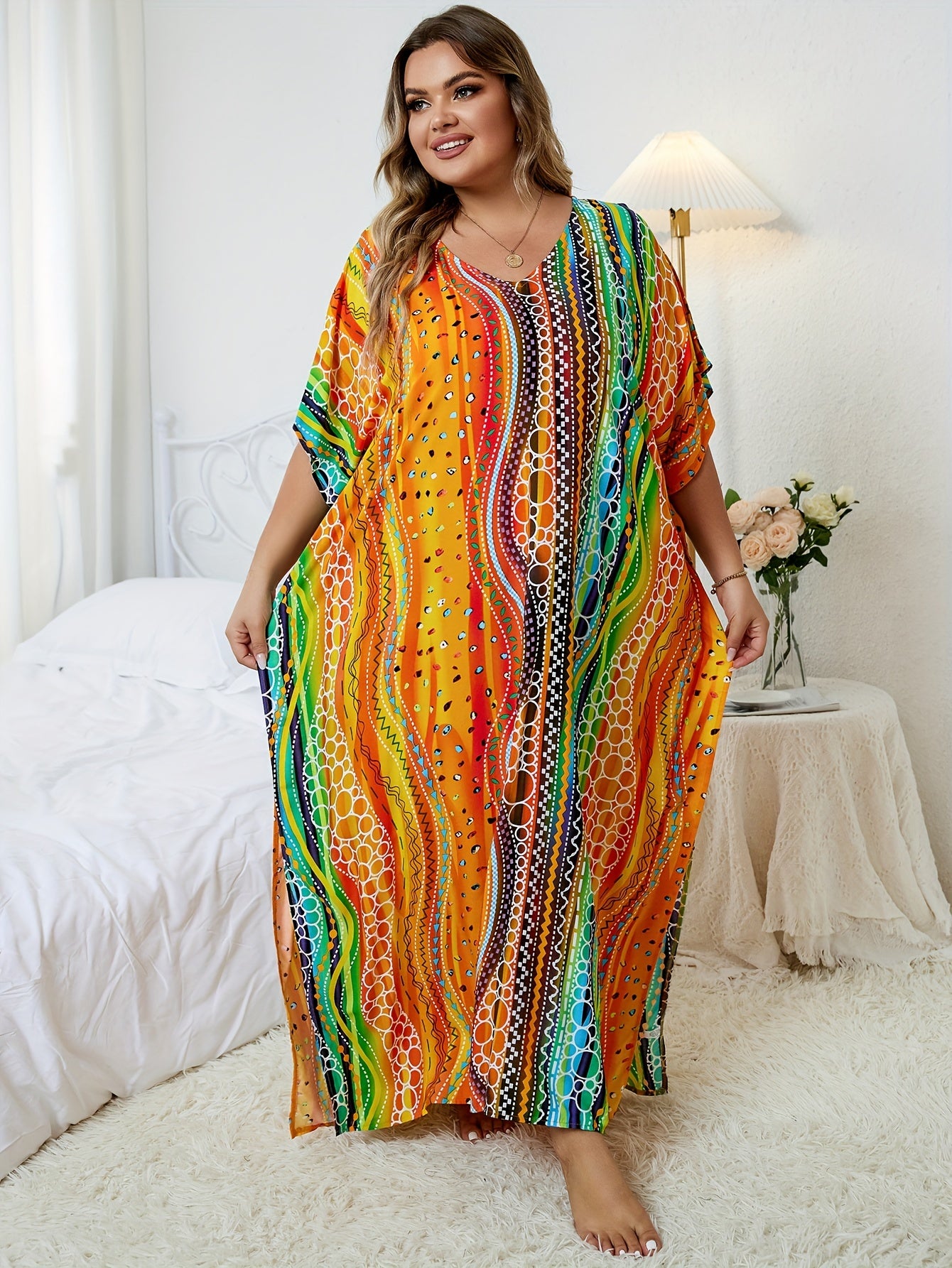  Rainbow Striped Batwing Sleeve Beachwear Kaftan Dress