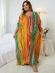  Rainbow Striped Batwing Sleeve Beachwear Kaftan Dress