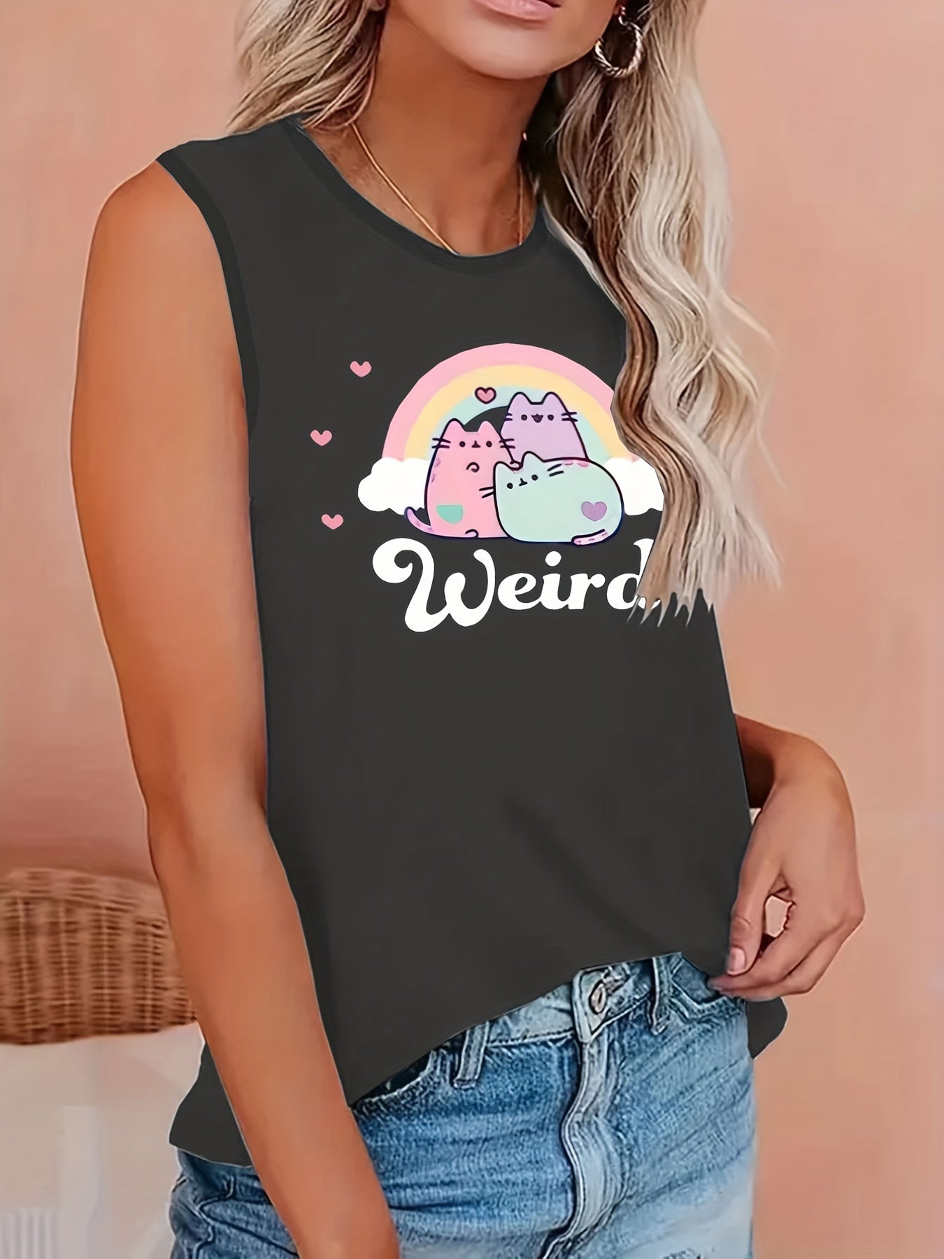  Cat & Rainbow Print Round Neck Tank Top