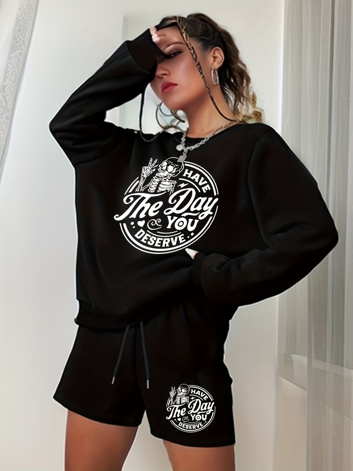  Halloween 2pcs Set Graphic Sweatshirt & Shorts Outfits