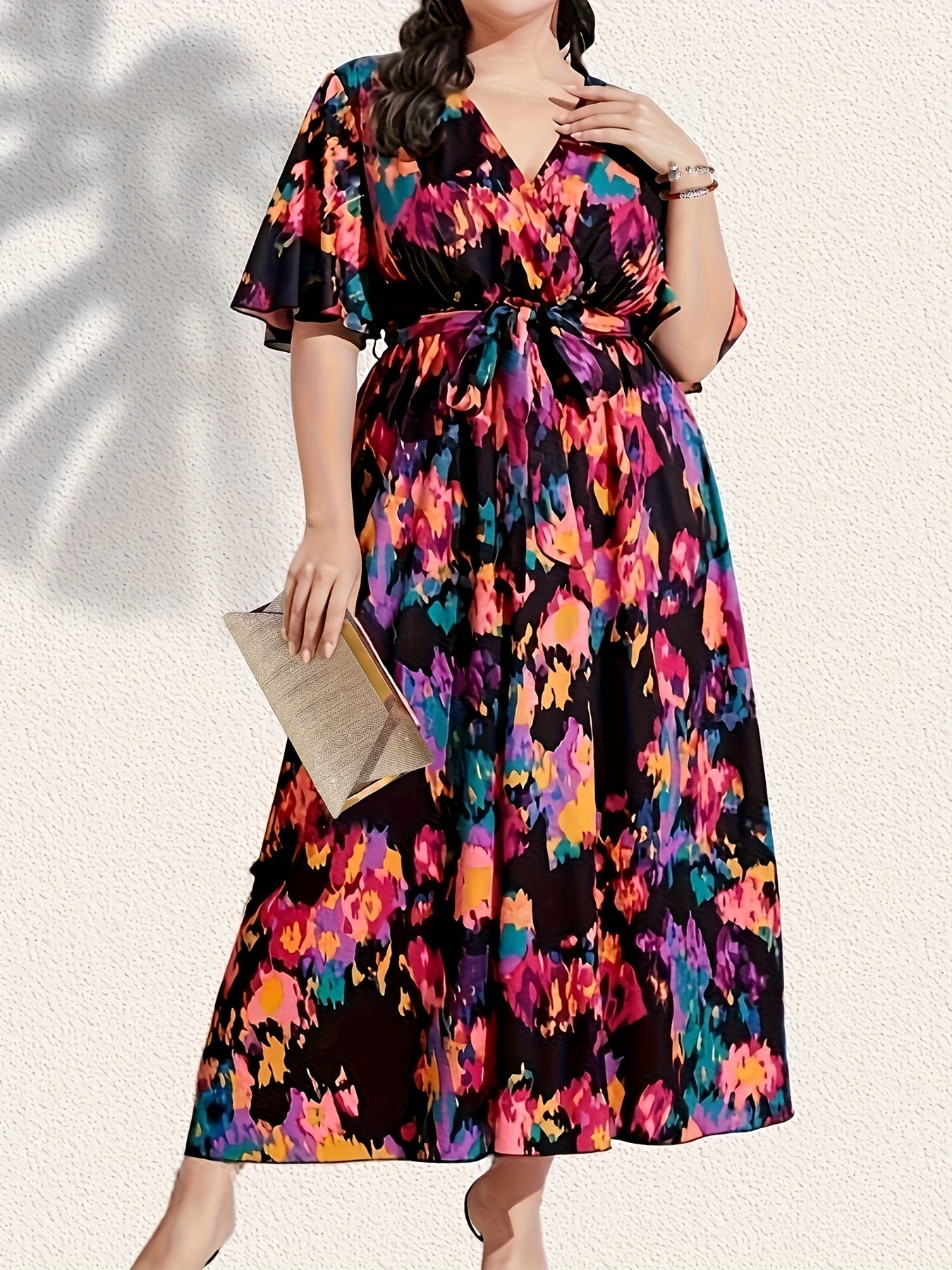  Boho Butterfly Sleeve Maxi Dress With Belt