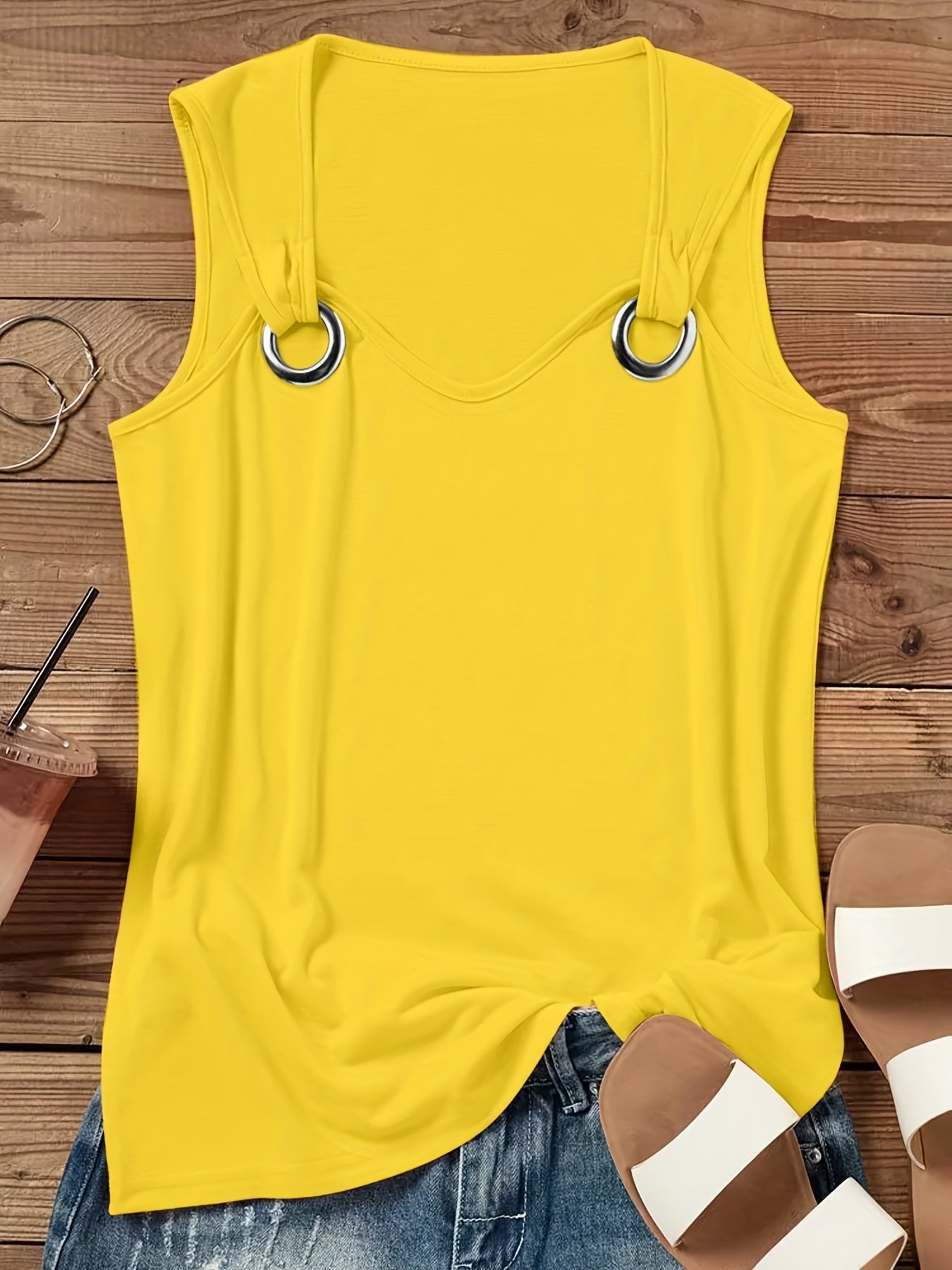 Solid Ring Linked Tank Top Crew Neck Sleeveless Casual Summer Top