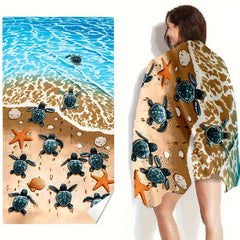 Large Microfiber Beach Towel Tortoise & Beach Print Outdoor Sports Swim Surf