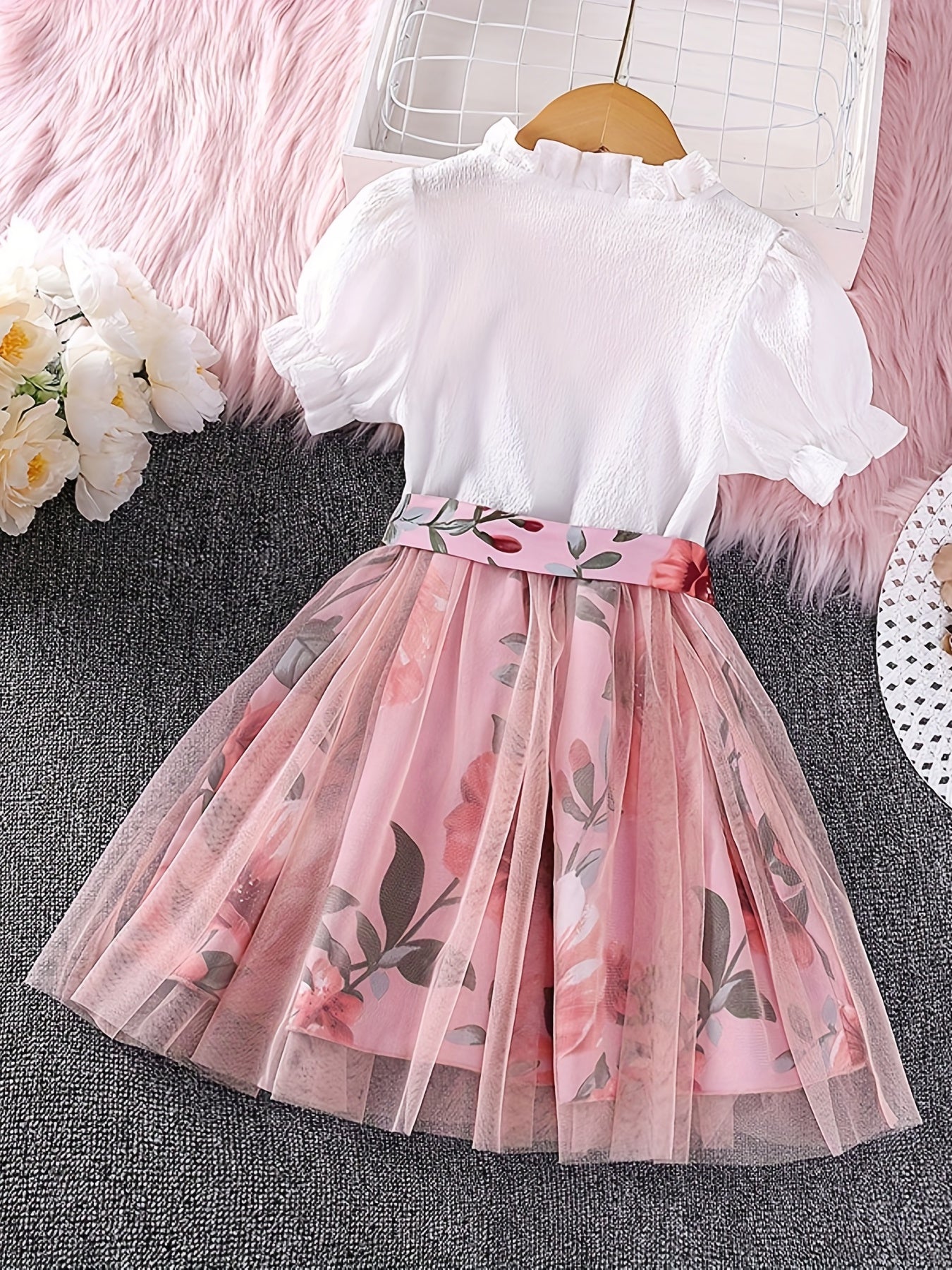 Girls Boho Flowers Print Button Up Short Sleeve Casual Dress