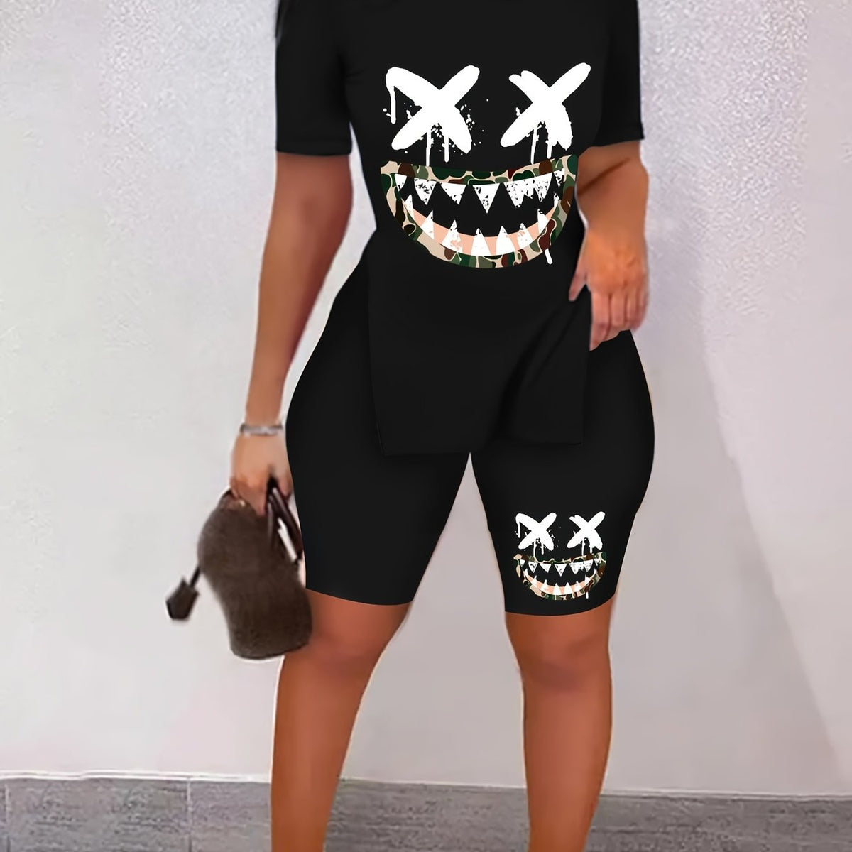 Cartoon Print Two Piece Set Short Sleeve Crew Neck Casual T Shirt & Shorts