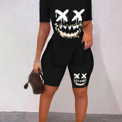 Cartoon Print Two Piece Set Short Sleeve Crew Neck Casual T Shirt & Shorts