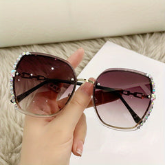 Oversized Rhinestone Sunglasses Gradient Lens Chain Temple UV400
