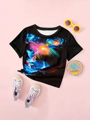 Dreamy Starry Outer Space Graphic Crew Neck Short Sleeve T shirt For Girls Summe