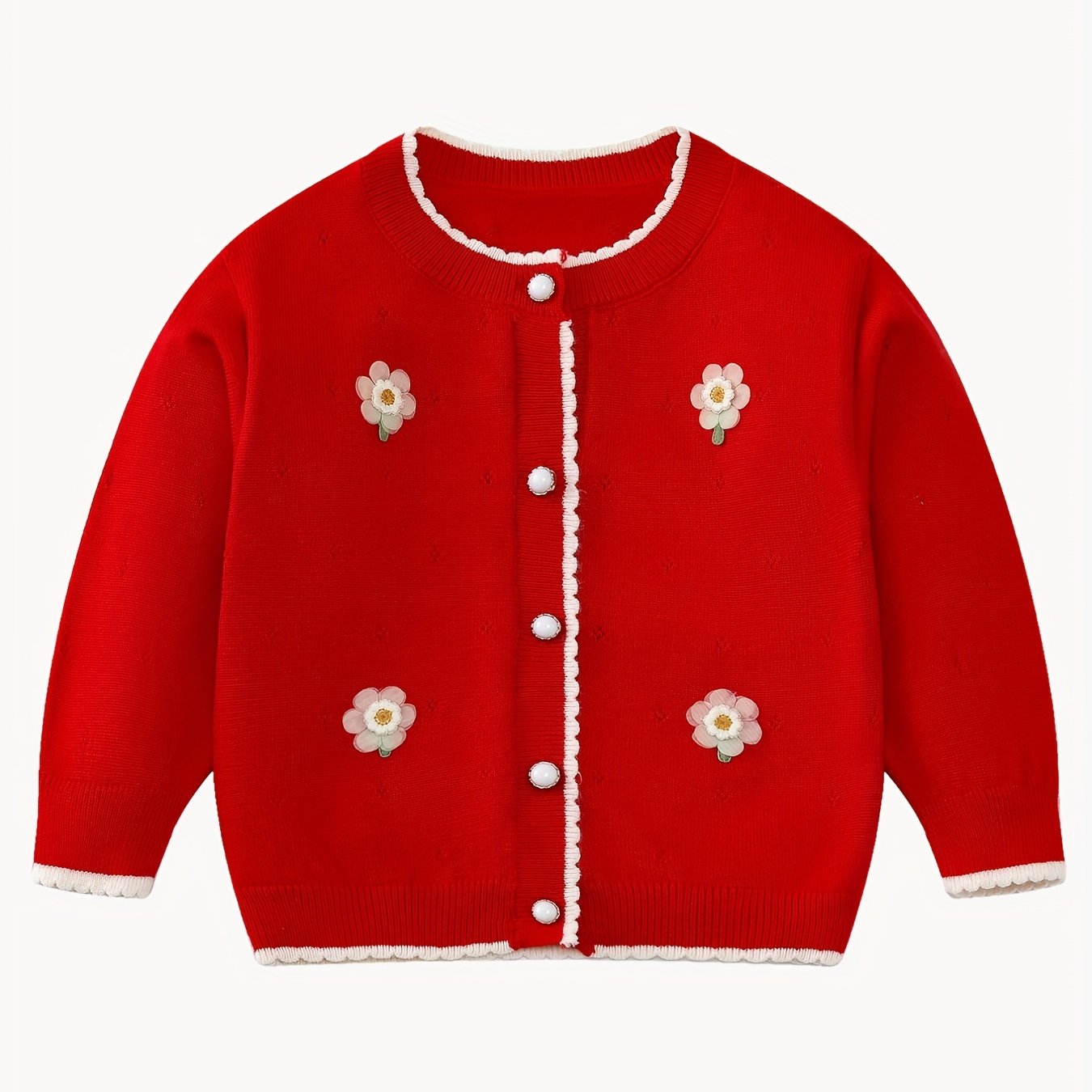 Baby Girl Sweater Coat With Small Flower Decor Knitted Cardigan