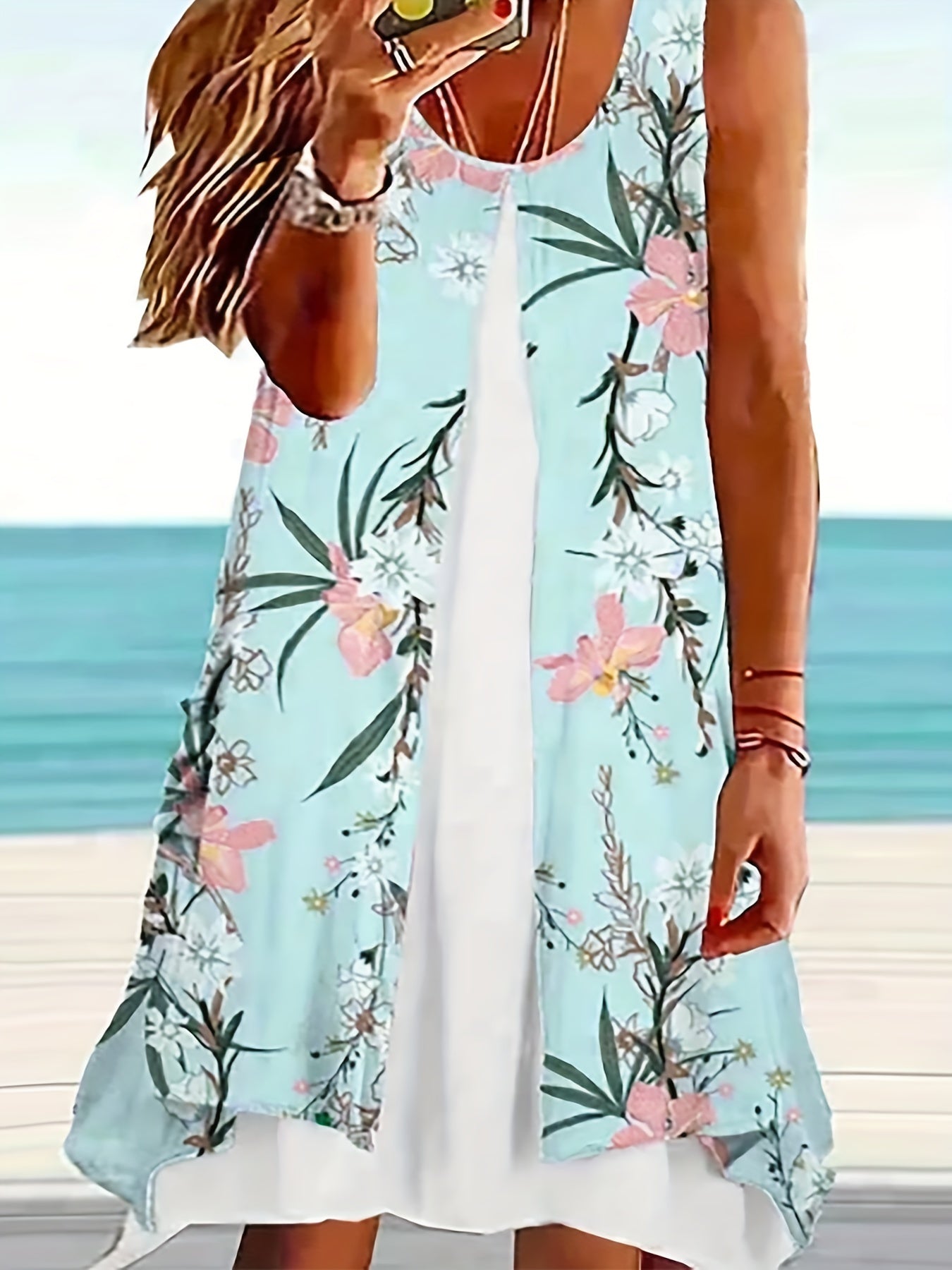  Floral Tank Dress Round Neck Sleeveless Casual