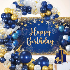 Navy & Gold Balloons Garland + Happy Birthday Banner Backdrop