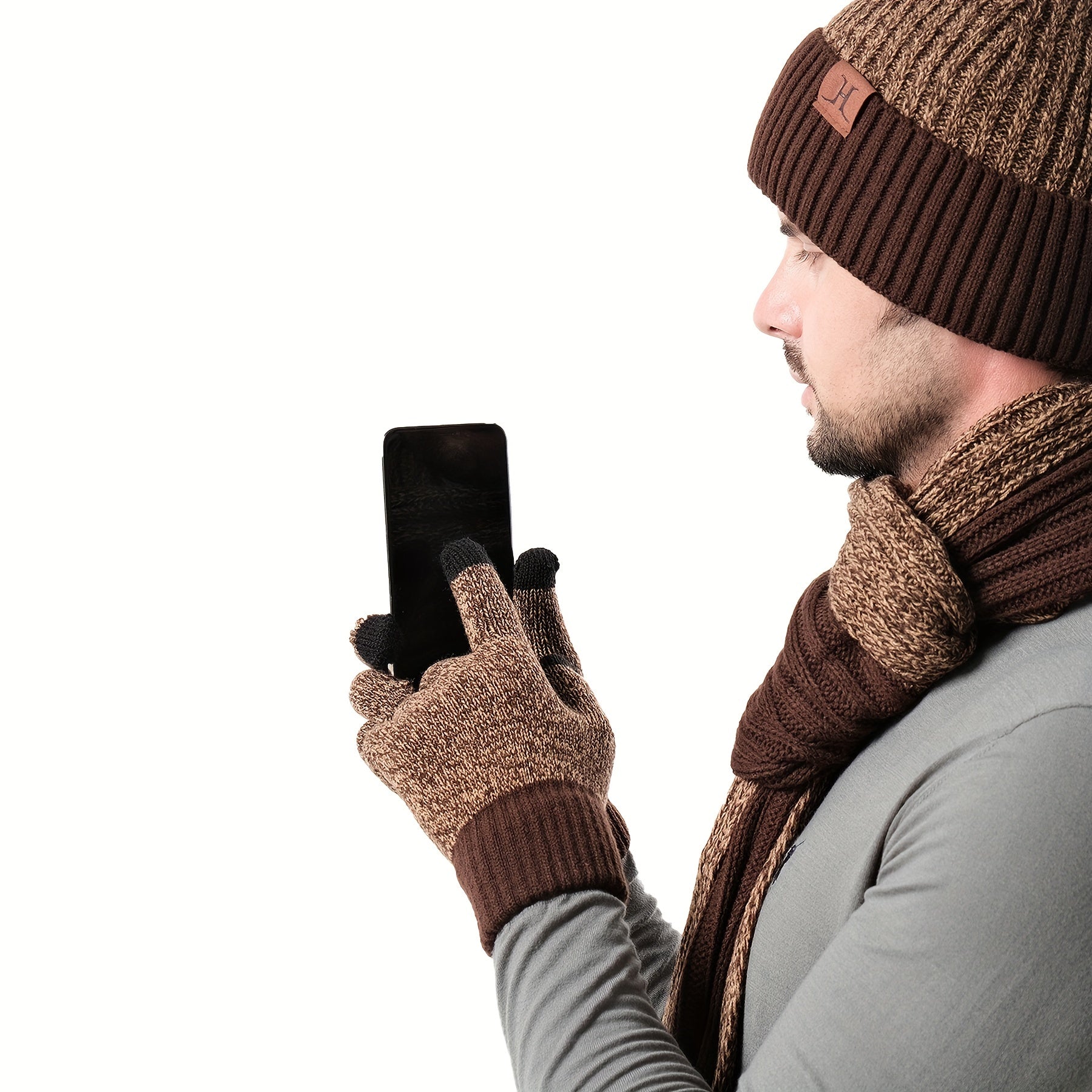 Jacquard Touch Screen Gloves Beanie Hat Scarf Set