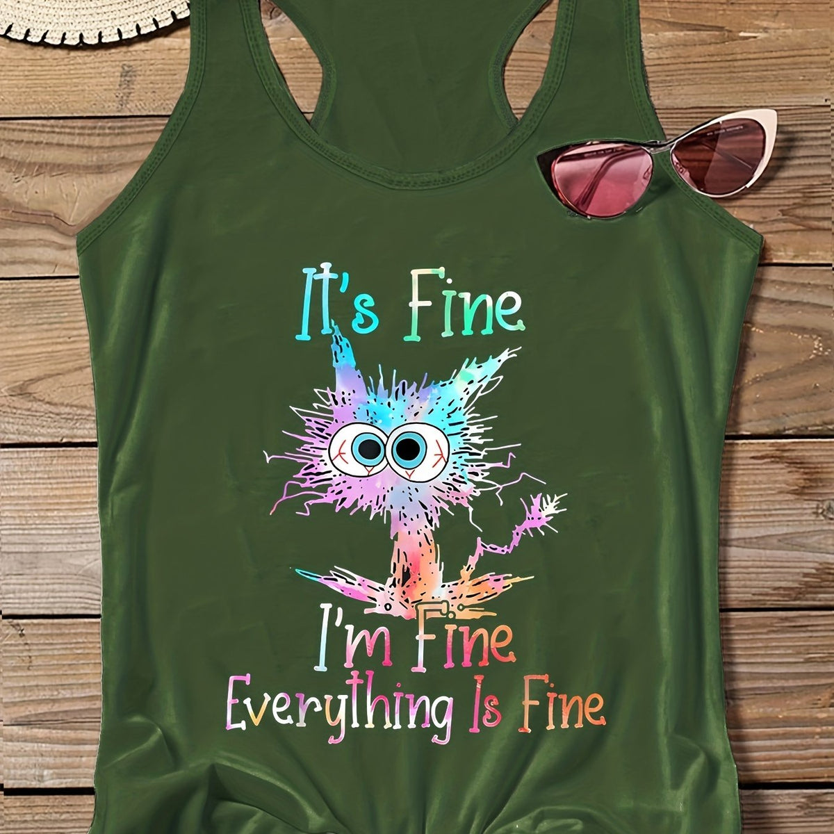 Plus Ombre Cat & Slogan Print Round Neck Vest