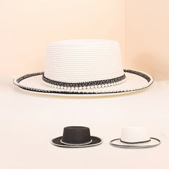 Faux Pearl Decor Sun Hat Flat Top Jazz Fedora Cap Women